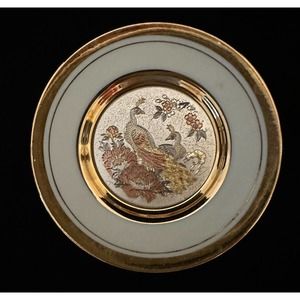 Japanese Chokin Art Collectible 4" Plate 24k Gold Trim, Peacock Pair